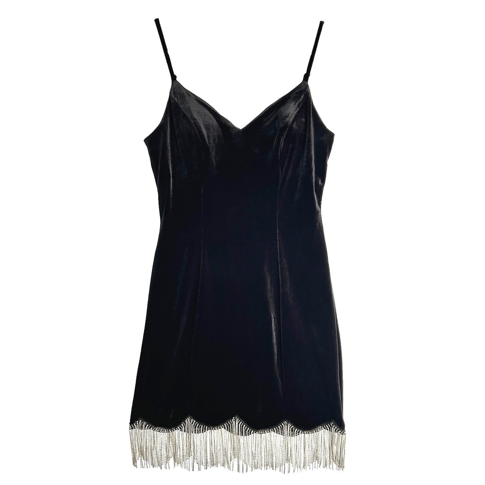 Vtg City Vibe Rhinestone Fringe Party Dress Womens 9 7 M Black Velvet NYE Y2k